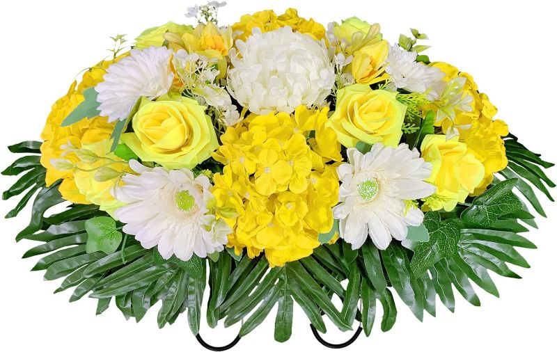 Photo 1 of  HENOMO Spring Cemetery Flowers for Grave, Colors Non-Bleed,Headstone Flower Saddle Decorations,Silks Artificial Yellow Rose and White Peony Mix Arrangement,Easy Fit 