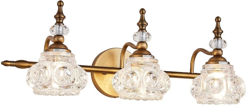 Photo 1 of  Vintage Bathroom Vanity Light Fixture, 3 Lights Bathroom Lighting Matte Brushed Antique Brass Finish with Crystal Glass Shade, Vintage vanity Light for Bathroom 