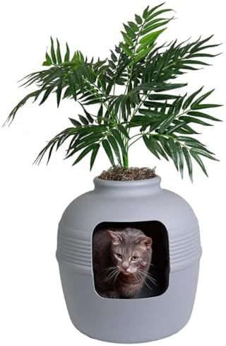 Photo 1 of  Good Pet Stuff, The Original Hidden Litter Box Starter Kit, Round Enclosed Cat Litter Box Planter with Artificial Plants, Vented Carbon Odor Filter System, Florist Moss, Easy to Clean, Stone Gray 