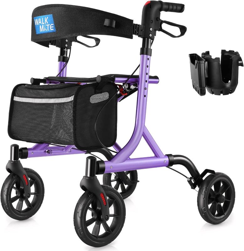 Photo 1 of  Rollator Walker for Seniors with Cup Holder, Upgraded Thumb Press Button for Height Adjustment, 4 x 8" Wheels Walker with Seat Padded Backrest Folding Lightweight Walking Aid, Purple 