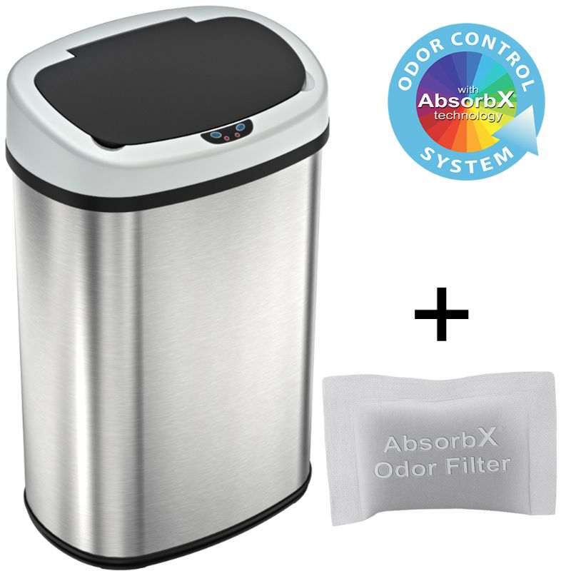 Photo 1 of  13 Gal. Stainless Steel Sensor Trash Can with AbsorbX Odor Filter, Oval Shape, Space-Saving Bin for Kitchen, Home Office 