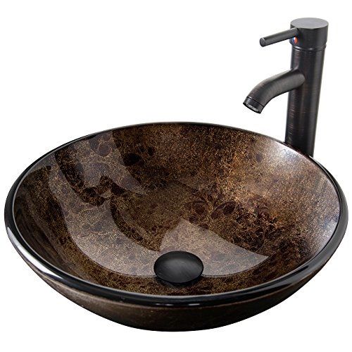 Photo 1 of  ELECWISH Bathroom Vessel Sink with Faucet Mounting Ring and Pop up Drain 16.5 Inch Tempered Glass Basin (Brown) 