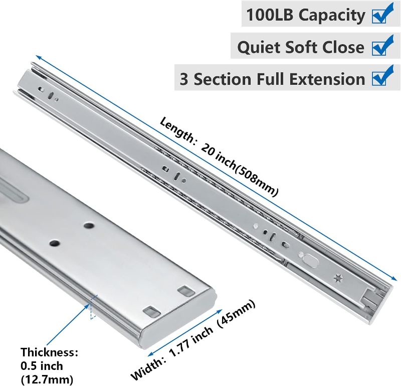 Photo 1 of  homdiy Soft Close Drawer Slides 20 Inch Heavy Duty Drawer Slides 2 Pair - Full Extension Drawer Slides Ball Bearing Sides for Cabinets, 100 LB Capacity 