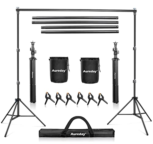 Photo 1 of Aureday Backdrop Stand, 10x7Ft Adjustable Photo Backdrop Stand Kit with 4 Crossbars, 6 Background Clamps, 2 Sandbags, and Carrying Bag for Parties/ Wedding/ Photography/ Festival Decoration