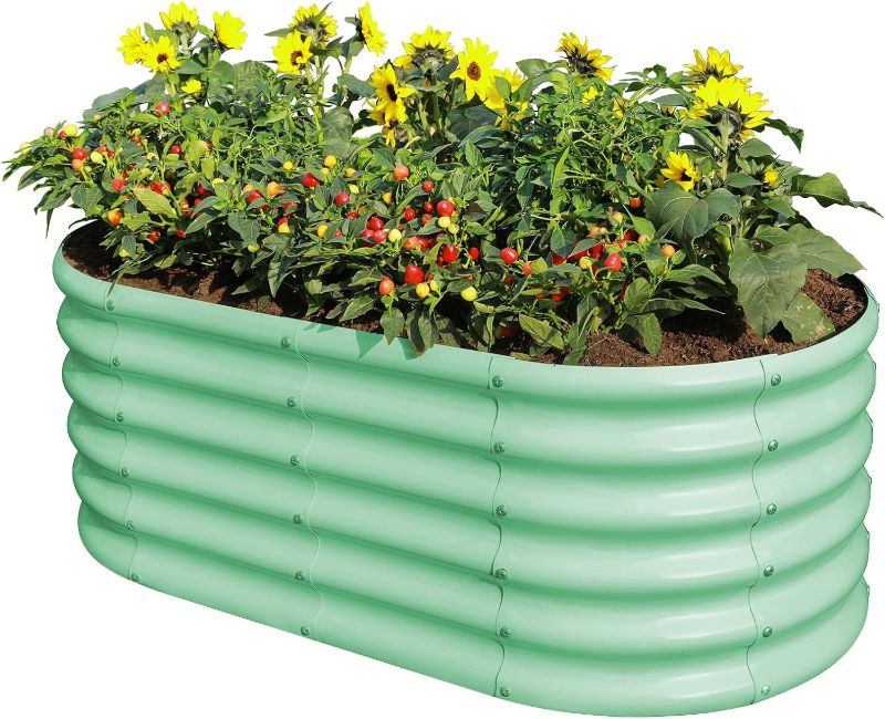 Photo 1 of Land Guard 18“ Tall 4×2ft Galvanized Raised Garden Bed Kit, Galvanized Planter Garden Boxes Outdoor, Oval Large Metal Raised Garden bed for Vegetables……… (Lime Green, 4×2×1.5ft) 