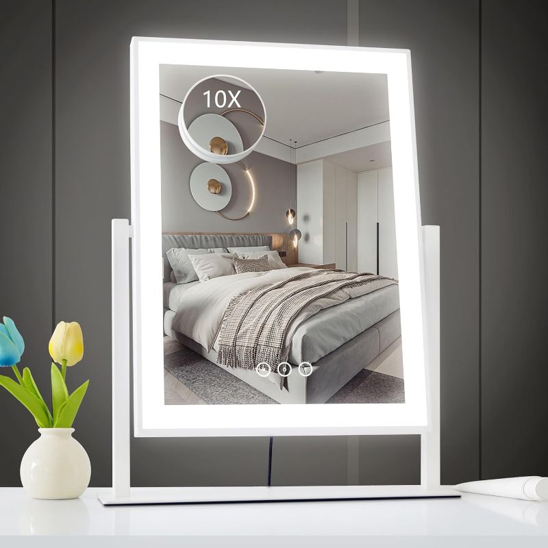 Photo 1 of Acoolda 18.7"x 13.4"Lighted Makeup Mirror,Vanity Mirror with Lights,Three Color Lighting Modes, and 10X Magnification Mirror, Smart Touch Control, 360°Rotation White 