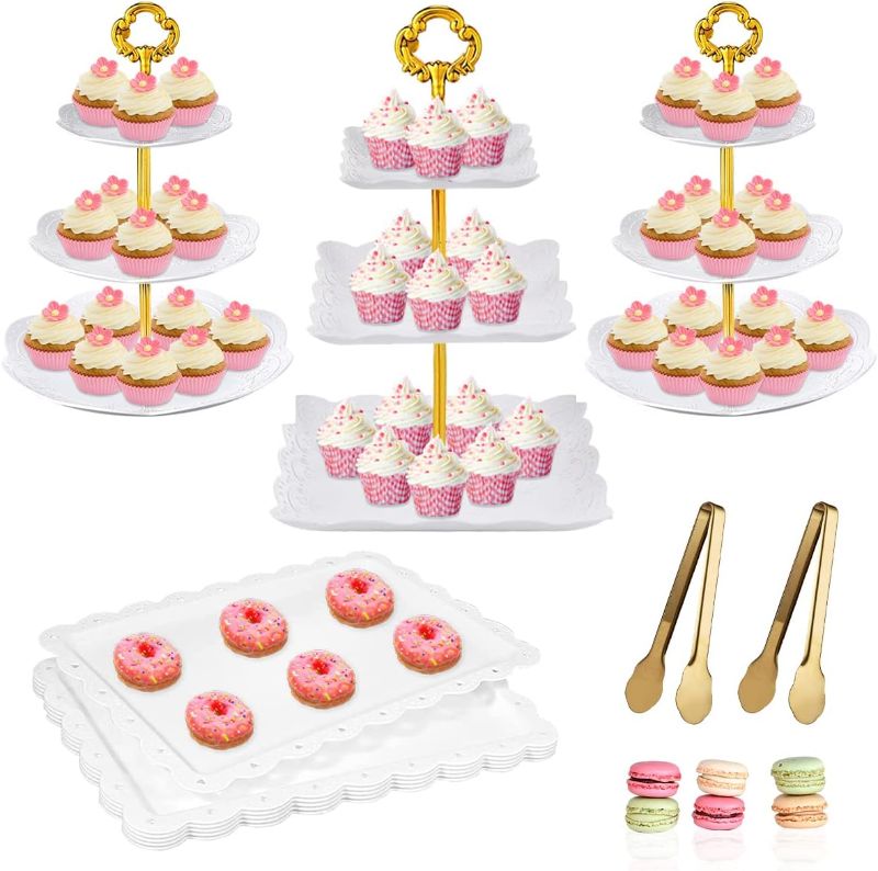 Photo 1 of 9 Pcs Cupcake Stand Dessert Table Display Set Cup Cake 3 Tier Tray Stand Desert Table Set Up for Wedding Birthday Baby Shower Tea Party Decorations
