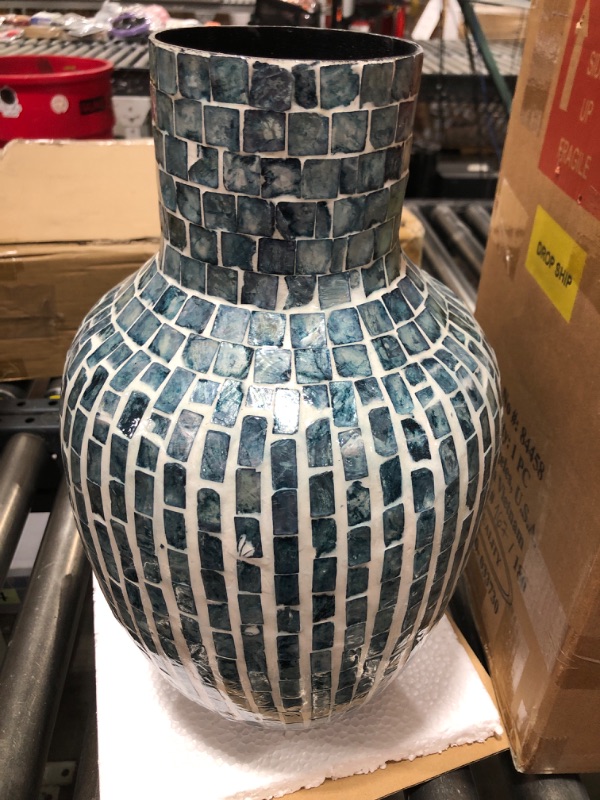 Photo 1 of 16 in. Blue Handmade Mother of Pearl Shell Decorative Vase
