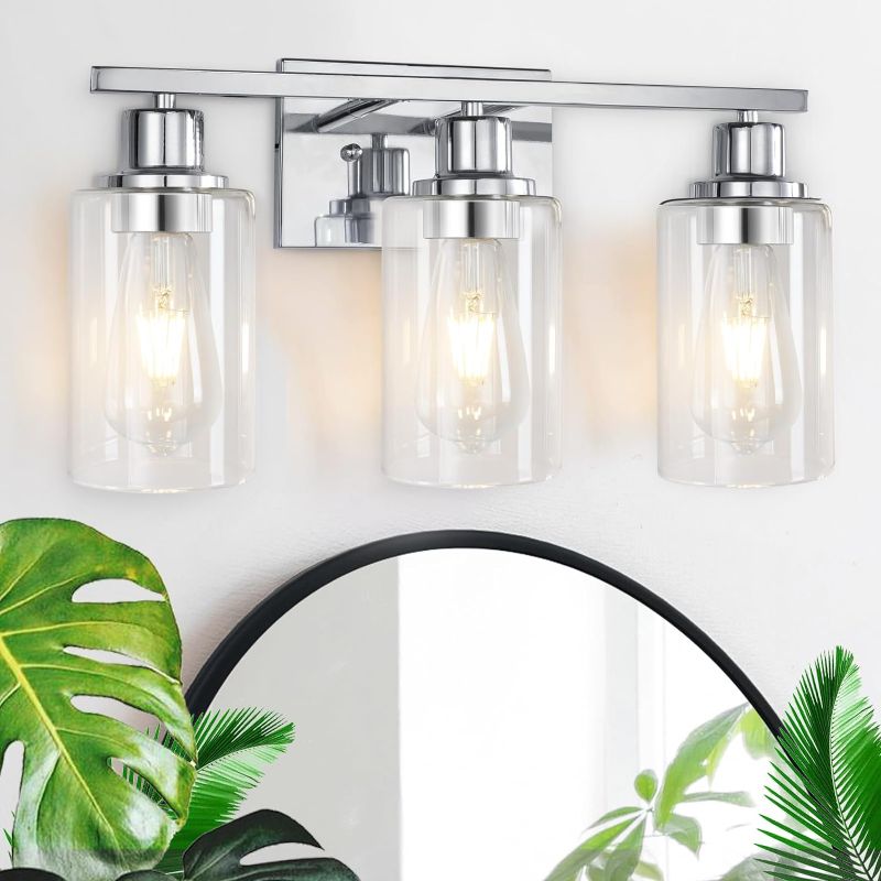 Photo 1 of 3 Light Vanity Light Fixtures, Polished Chrome Bathroom Wall Sconces, Modern Wall Lights with Clear Glass Shades, Bathroom Wall Lamp over Mirror Kitchen Bedroom Living Room Hallway Cabinet Porch
