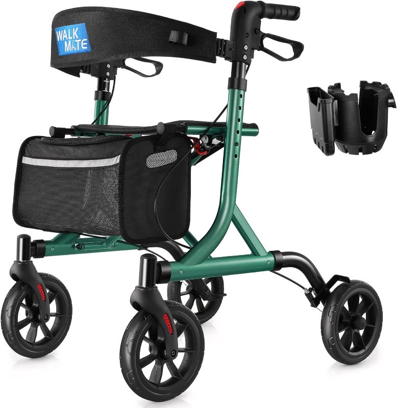 Photo 1 of  Rollator Walker for Seniors with Cup Holder, Upgraded Thumb Press Button for Height Adjustment, 4 x 8" Wheels Walker with Seat Padded Backrest Folding Lightweight Walking Aid, Green 