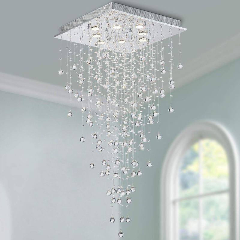 Photo 1 of  Bestier Modern Crystal Square Raindrop Chandelier Lighting Flush Mount LED Ceiling Light Fixture Pendant Lamp for Dining Room Bathroom Bedroom Livingroom 8 GU10 Bulbs Required 22 in Wide 47 inch High 