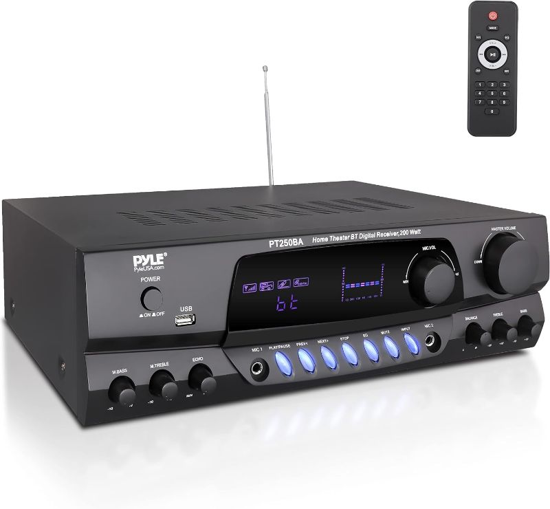 Photo 1 of  Pyle Wireless Bluetooth Power Amplifier System, 200 Watt Max, Home Theater Audio Stereo Receiver Box with FM/USB, Mic in, RCA Inputs, Echo & 2-Band EQ Control, Digital Display Screen - PT250BA 