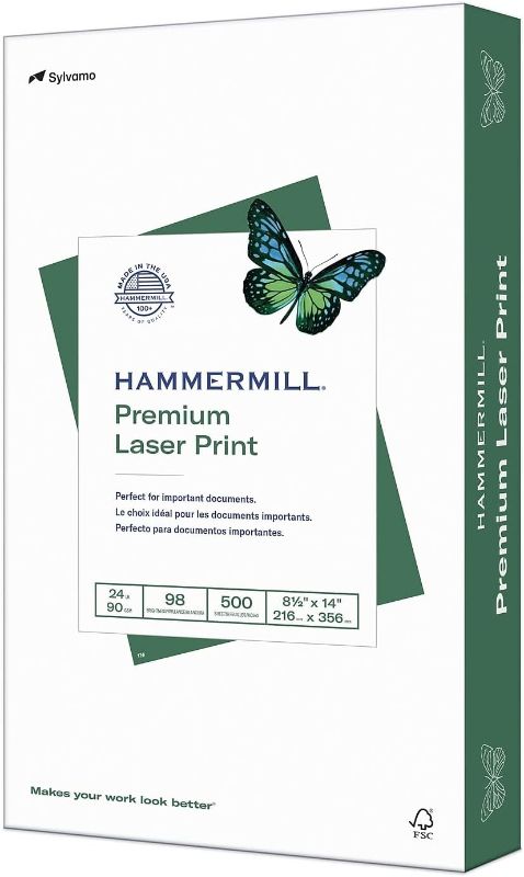 Photo 1 of  Hammermill Premium Laser Print 8.5-inch x 14-inch Multipurpose Paper, 24 lbs., 98 Brightness, 500/Ream (104612) 