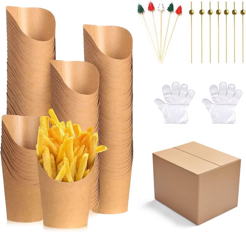 Photo 1 of 50 Pcs Disposable French Fries Holder Charcuterie Cups,200 Pcs Decorative bamboo stick and 100 disposable gloves,Suitable for weddings, holiday parties, Christmas and other activities (14 OZ) 