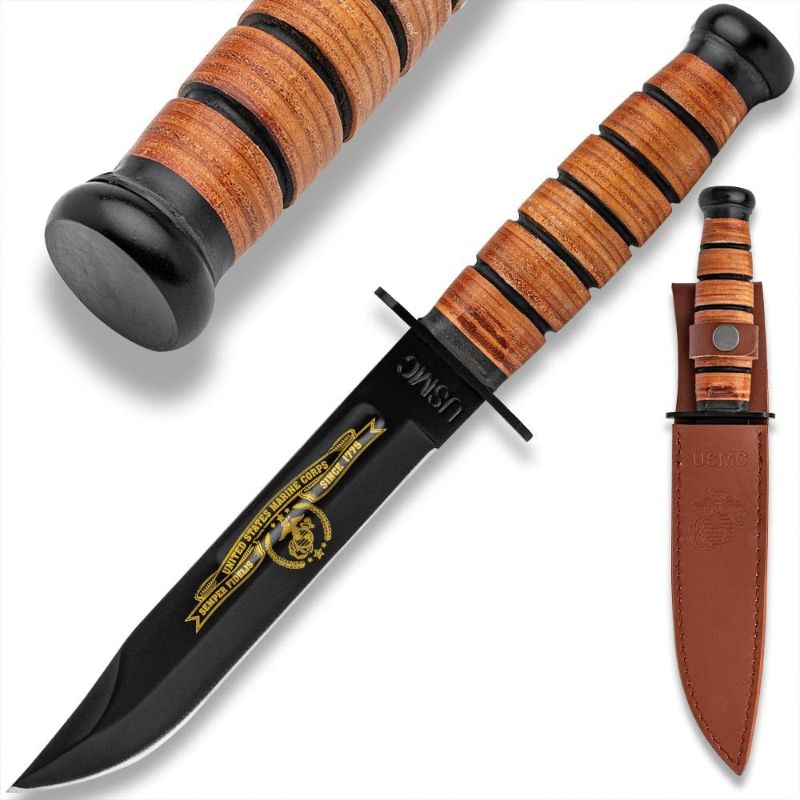 Photo 1 of United Cutlery USMC Tribute Combat Knife | WWII Replica | Black & Gold | Marines Themed Blade Etching | Stacked Leather Handle | Premium Leather Sheath Included | Overall length 12.25"
