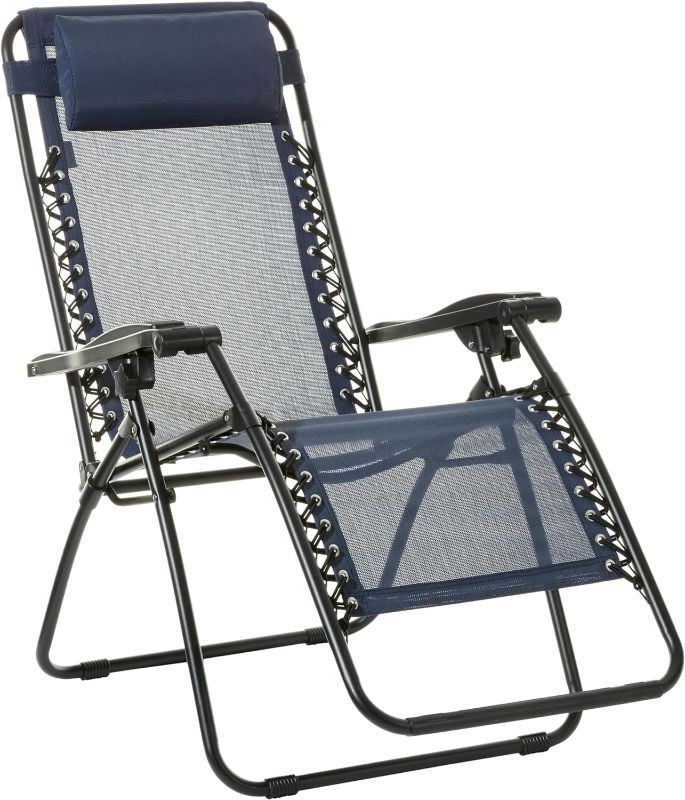 Photo 1 of Amazon Basics Outdoor Textilene Adjustable Zero Gravity Folding Reclining Lounge Chair with Pillow, 26", Navy Blue
