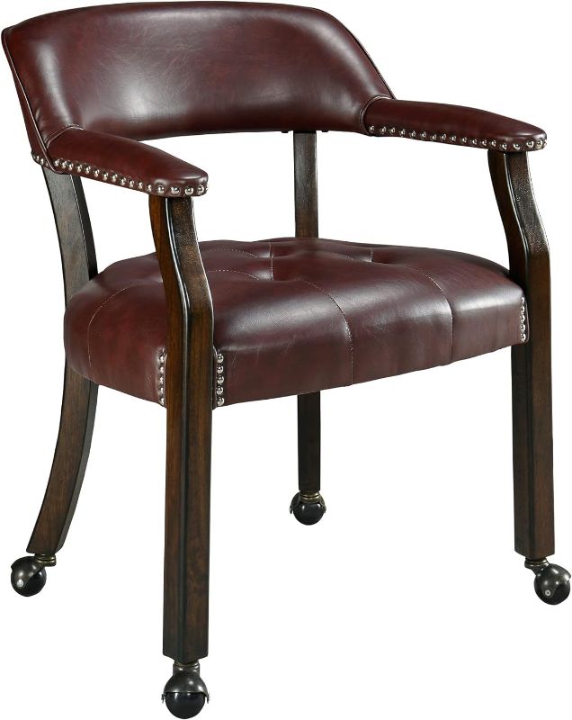 Photo 1 of Dining Chairs with Casters and Arm, Large Rolling Dining Chairs with Wheel, Poker Table Chairs, Boss Caption's Chairs, 26"D x 25.2"W x 31.5"H, Espresso Legs & Wine Red Brown PU, XXY-1910-WR
