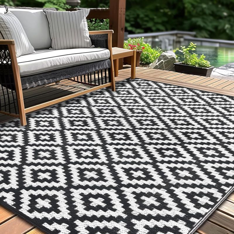 Photo 1 of Outdoor Patio Rug Waterproof Camping - 5x8 ft Outdoor Rugs Outdoor Carpet, Plastic Straw Area Rug for Patios Clearance RV, Outside Porch Rug Balcony Deck Rug for Camper, Black and White
