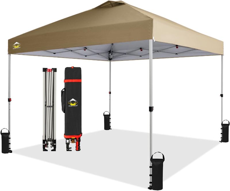 Photo 1 of CROWN SHADES Canopy Tent, 10 x 10 Foot Portable Pop Up Outdoor Shelter with Easy 1 Push Center Lock, UV Protection, and Carry Bag, Beige

