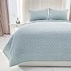 Photo 1 of DerF HOME 100% Cotton Quilt King Size Bedding Set Lightweight with Stitching Bedspread Soft Coverlet for All Season 3pc ice/Light Blue Quilt King Size Set (1 Quilt 2 Pillow Shams)(90"x102") Ice Blue#square King(90"x102")
