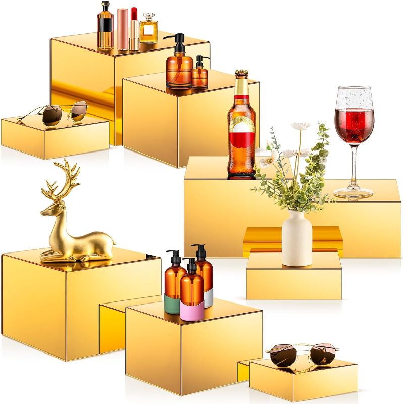 Photo 1 of Suzile 9 Pcs Acrylic Buffet Risers Display Box Cube Display Riser 5 Sided Food Riser Table Stand for Display with Hollow Bottoms for Party, 8 x 8 x 6 Inch, 7 x 7 x 4 Inch, 6 x 6 x 2 Inch (Gold) 