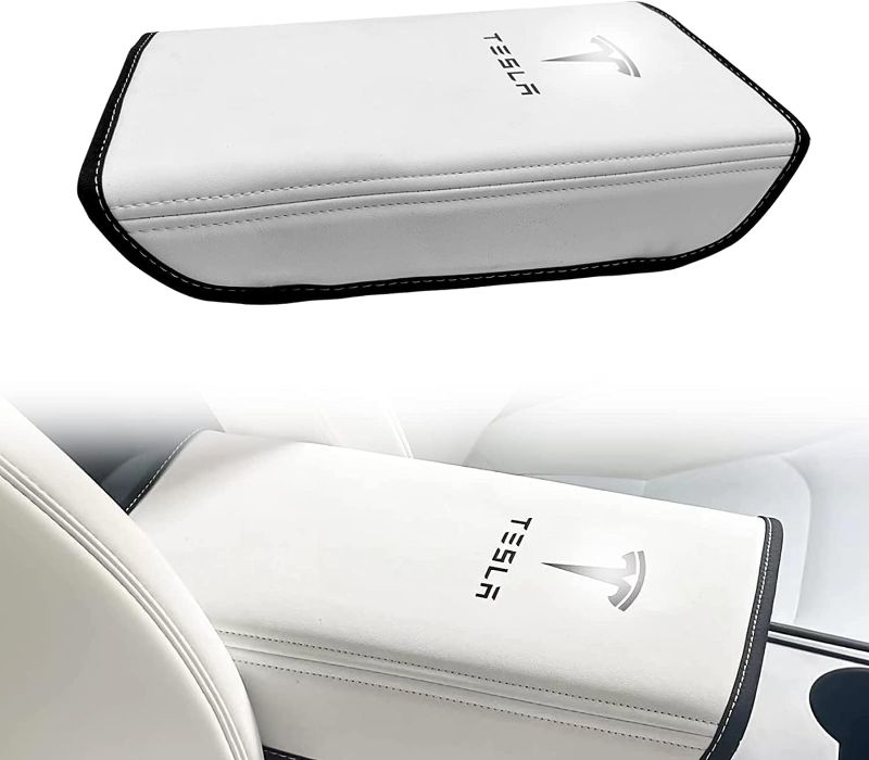 Photo 1 of Tesla Model 3/Y Center Console Armrest Cover - Interior Accessories Leather Center Console Protector Pad for Model 3 2017-2024 or Model Y 2020-2024 (White)