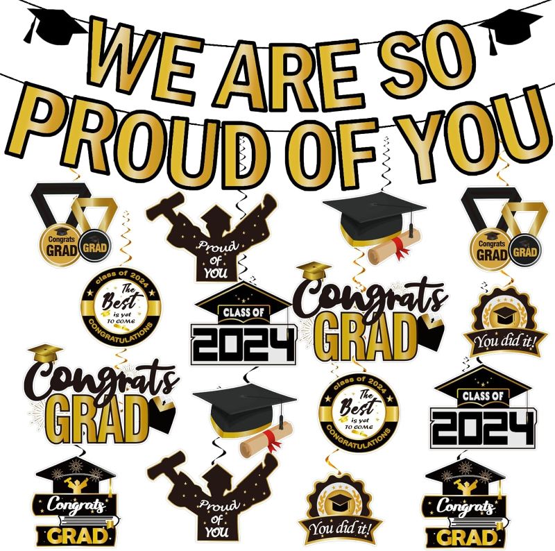 Photo 1 of LARRAZABAL Black and Gold Graduation Decorations 2024, We are So Proud of You Banner, Congrats Grad Hanging Swirls Decorations, College Graduation Party Decorations Class of 2024 Decorations
