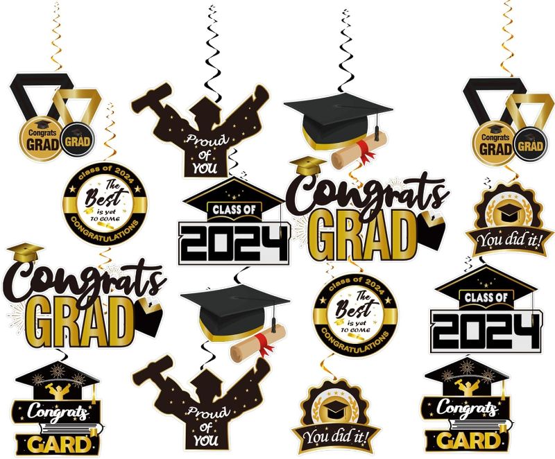 Photo 1 of LARRAZABAL Black and Gold Graduation Decorations 2024, We are So Proud of You Banner, Congrats Grad Hanging Swirls Decorations, College Graduation Party Decorations Class of 2024 Decorations
