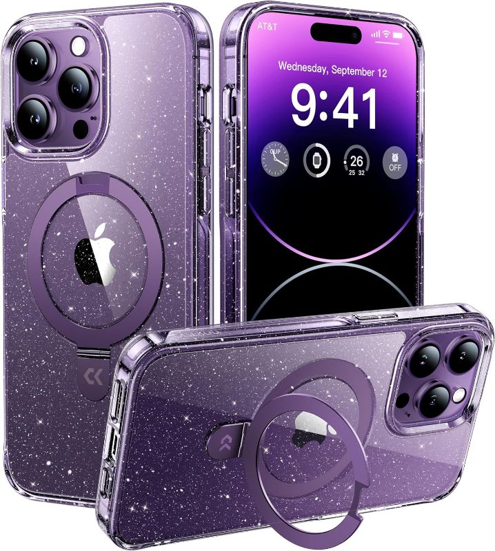 Photo 1 of CASEKOO Magnetic Glitter Clear Designed for iPhone 14 Pro Case with Invisible Stand [Compatible with MagSafe] [Non-Slip] Shockproof Protective Phone Cases for Women Girls 6.1 inch, Clear Purple
