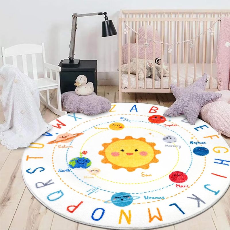 Photo 1 of HEBE 4ft Round Kids Play Rug ABC Alphabet Nursery Rug for Bedroom Playroom Non Slip Fun Educational Playmat Round Circle Carpet Crawling Mat for Classroom Infant Toddlers
