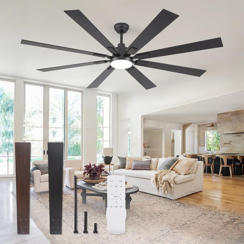 Photo 1 of 72 inch Large Ceiling Fans with Lights and Remote, Indoor/Outdoor Black Modern Ceiling Fan for Kitchen Living Room Patio, 6 Speed Reversible Quiet DC Motor, 3 CCT, Dual Finish 8 Blades
