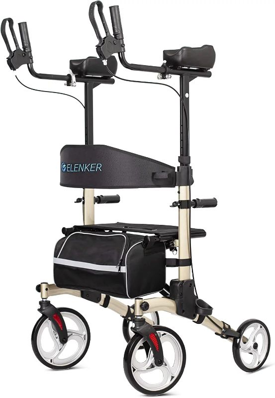 Photo 1 of ELENKER Upright Rollator Walker, Tall Folding Rollator Walker with 10” Front Wheels for Seniors and Adults Champagne Gold, MAY DIFFER SLIGHTLY FROM STOCK IMAGE