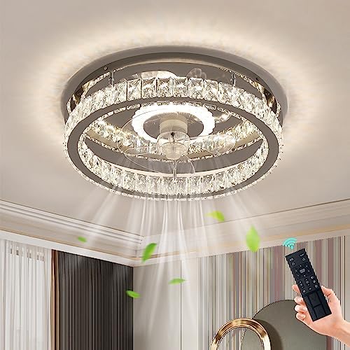 Photo 1 of SCAWAIL Ceiling Fans with Lights Flush Mount Ceiling Fan with Remotel Control Dimmable LED Crystal Low Profile Ceiling Fan Light