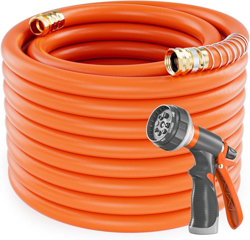 Photo 1 of 3/4 in x 100 ft Garden Hose, Flexible and Lightweight Water Hose with Nozzle and Brass Male to Female Fittings, 600 PSI Heavy Duty, No Kinking Hybrid Rubber Hose for Outdoor, Yard, Backyard 3/4" 100FT