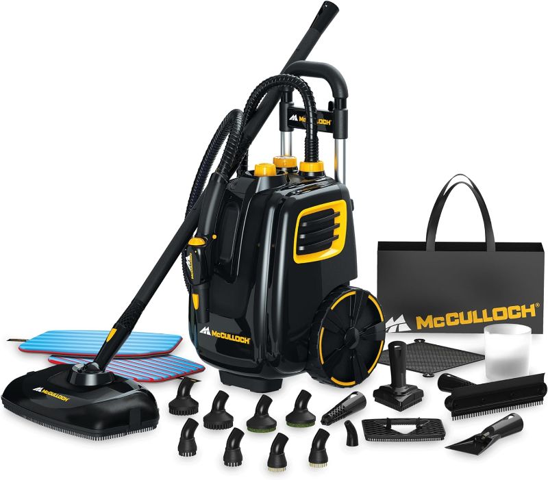 Photo 1 of McCulloch MC1385 Deluxe Canister Steam Cleaner with 23 Accessories, Chemical-Free Pressurized Cleaning for Most Floors, Counters, Appliances, Windows, Autos, and More, 1-(Pack), Black