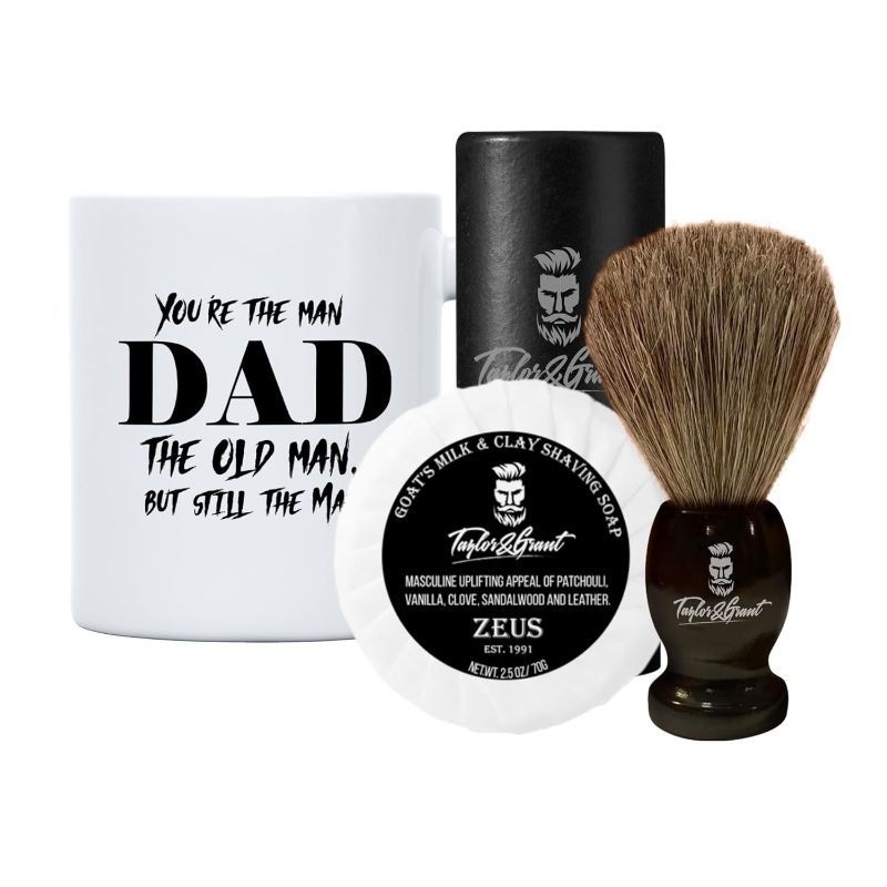 Photo 1 of Grooming Kit for Men. Includes Badger Hair Shaving Brush, Goat Milk Shaving Soap Plus a You're The Man Dad, The Old Man But Still The Man Mug from Taylor & Grant.
