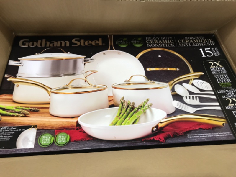 Photo 2 of Gotham Steel 15 Pc Pots and Pans Set Non Stick Cookware Set, Pot and Pan Set, Kitchen Cookware Sets, Ceramic Cookware Set, Nonstick Cookware Set, Pot Set, Dishwasher Safe, Non Toxic, Cream White