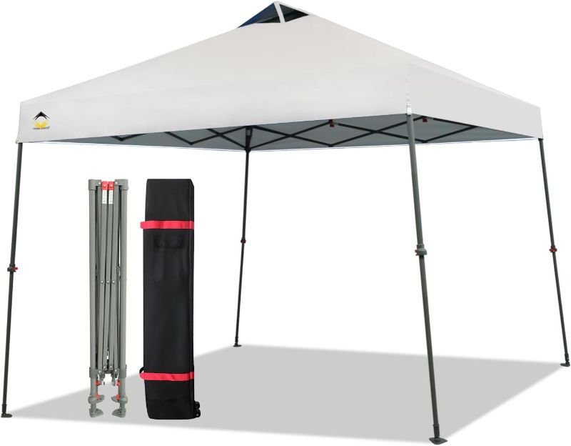 Photo 1 of CROWN SHADES 9'x9' Pop Up Canopy with 11x11 Base Patented One Push Canopy Tent Outdoor Shade Bonus Wheeled Bag, 8 Stakes, and 4 Ropes, White
