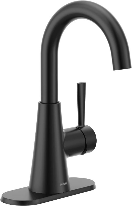 Photo 1 of Moen Ronan Matte Black One-Handle Single Hole Modern Bathroom Sink Faucet with Optional Deckplate and Spring Loaded Drain Assembly, 84021BL
