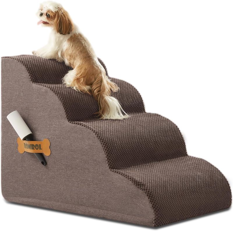 Photo 1 of Dog Stairs, Romrol Dog Steps Ramp for High Bed and Couch, Dog Ramp with Durable Non-Slip Waterproof Fabric Cover, Pet Stairs for Small Dogs and Cats or Pets Joints, 4-Tiers,Coffee
