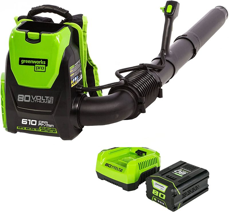 Photo 1 of Greenworks 80V 610 CFM Brushless Backpack Blower with 2.5 Ah Battery & Charger 2404802

