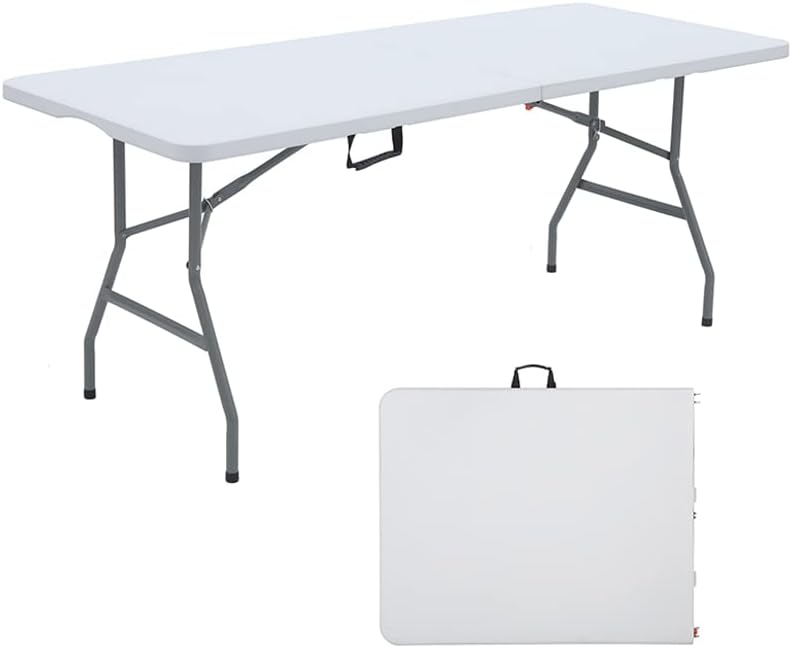 Photo 1 of 6FT Dining Table, Foldable Plastic Utility Table, Indoor Outdoor Camping, Picnics and Parties, White, Load Capacity 330 lbs
