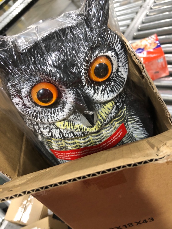 Photo 2 of Hausse Solar Fake Owl Decoy Scare Birds Away, Solar Powered Motion Activated Scarecrow Deterrent Owl with Glowing Eyes, Scary Sound & Rotate Head, Nature Enemy Bird Repellent for Outdoor Garden Yard