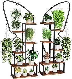 Photo 1 of 6 Tier Plant Stand Indoor Butterfly-Shaped, Tall Metal Plant Stand with 6 Plant Hooks & 12 Boards, Large Ladder Plant Shelf with Adjustable Feet for Living Room, Balcony, Garden, Art Studio (2 Pack)