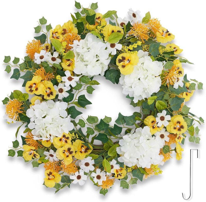 Photo 1 of 22 inch Spring Hydrangea Wreaths for Front Door, Artificial Yellow Pansy Flower Wreath with Hook, Green Leaves Front Door Wreath for Spring Summer All Seasons Outside Wall Home Décor