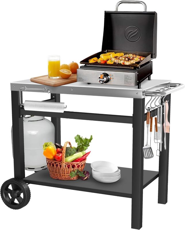 Photo 1 of GRILL FORCE Outdoor Grill Table Cart, Movable Dining Cart, Pizza Oven Table Stand, Double-Shelf Grill Stand, Food Prep and Work Table Cart, BBQ Grill Cart with Wheels, Fits for Blackstone Ninja Ooni 