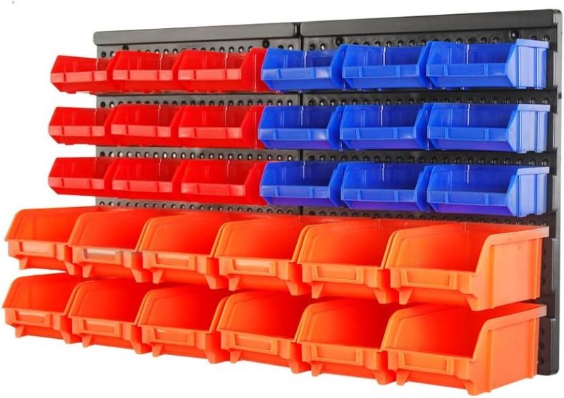 Photo 1 of HORUSDY Wall Mounted Storage Bins Parts Rack 30PC Organizer Garage Plastic Shop Tool for Men's Gift, Blue,Orange,Red
