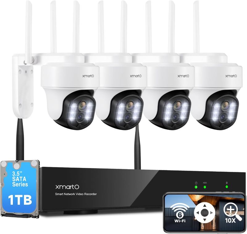 Photo 1 of [WiFi 6 & 10X Zoom] XMARTO 10CH HD Auto Tracking PTZ Security Camera System Wireless Outdoor/Indoor, Dual-WiFi 4K NVR with 4X 6MP Home Cams, 1TB HDD (Plug-in 24/7 Surveillance, Auto WiFi-Relay)
