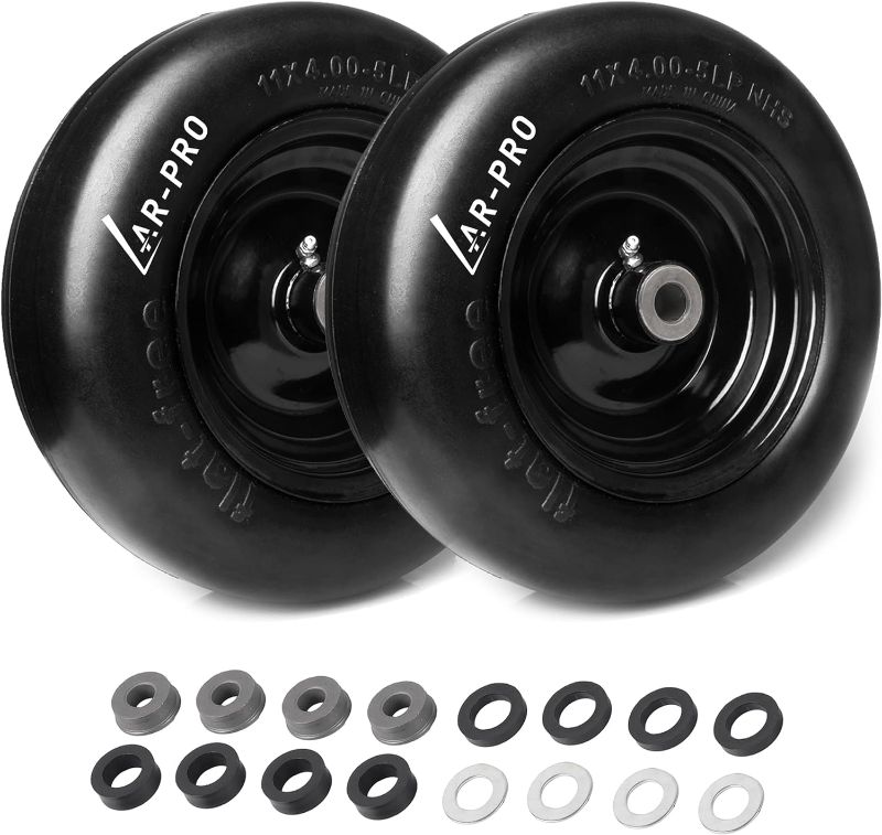 Photo 1 of (2 Pack) Universal Fit 11x4.00-5 Flat Free Lawn Mower Tires and Wheel - Solid Rubber Lawnmower Tires with 3.4" Centered Hub and 3/4" Sintered Iron Bushings (Model Number 00232)
