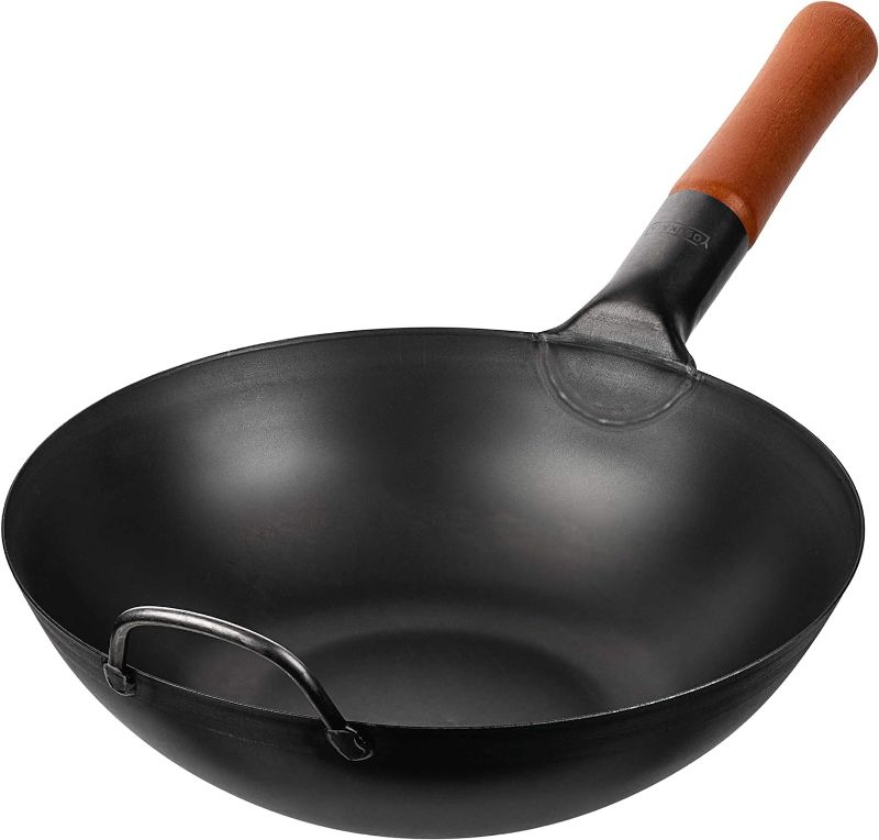 Photo 1 of  YOSUKATA Carbon Steel 11.8" Stir Fry Wok Pan - Pre-Seasoned Chinese Wok with Flat Bottom, Black Wok for Induction Gas Stovetops - Open Fire, BBQ, Grill, Outdoor Camping Wok 